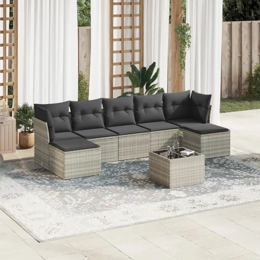 Conj. Sofás Jardim c/ Almofadões Vime PE Cinzento-Claro (8 pcs)