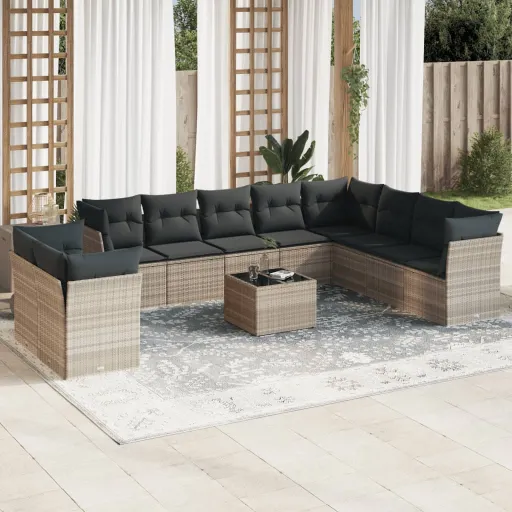 Conjunto Sofás de Jardim c/ Almofadões Vime PE Cinzento (11 pcs)