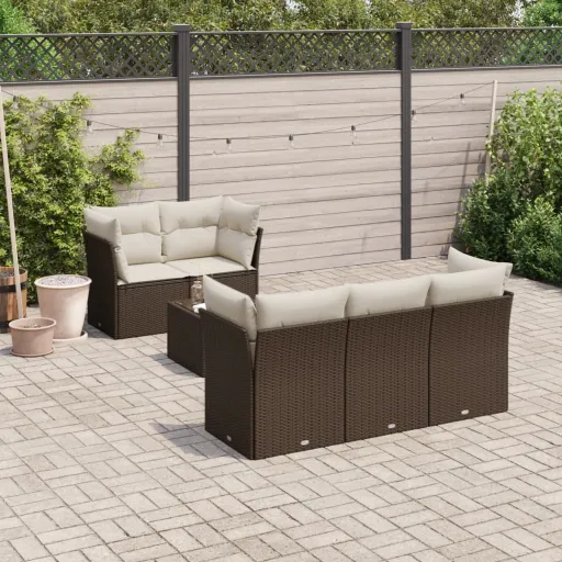 Conjunto de Sofás Jardim c/ Almofadões Vime PE Castanho (6 pcs)