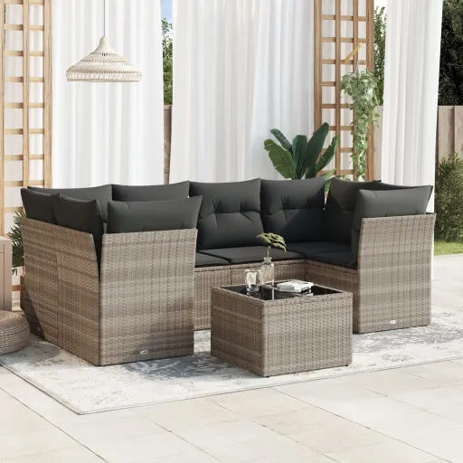 Conj. Sofás Jardim com Almofadões Vime PE Cinzento-Claro (7 pcs)