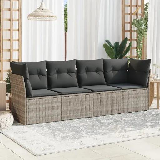 Conj. Sofás Jardim c/ Almofadões Vime PE Cinzento-Claro (4 pcs)