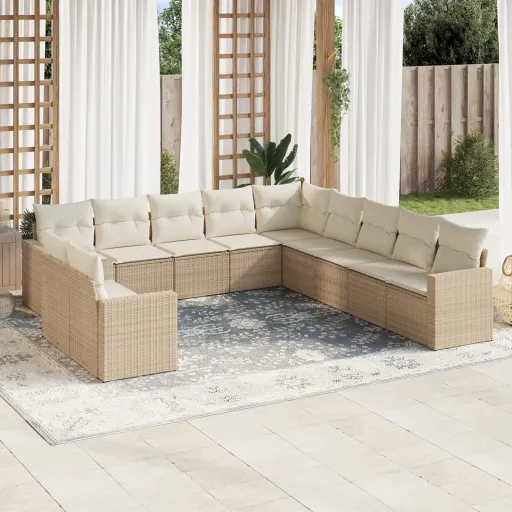 Conjunto Sofás de Jardim c/ Almofadões Vime PE Bege (11 pcs)