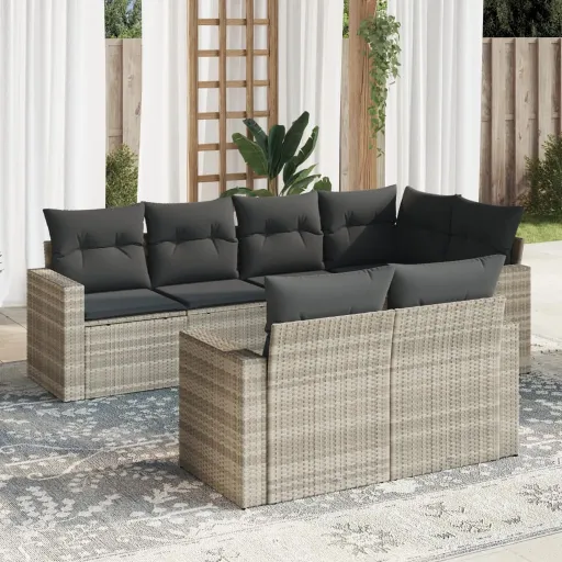 Conj. Sofás Jardim com Almofadões Vime PE Cinzento-Claro (7 pcs)