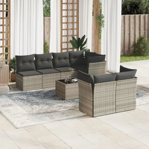 Conj. Sofás Jardim c/ Almofadões Vime PE Cinzento-Claro (8 pcs)