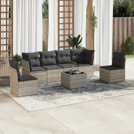 Conj. Sofás Jardim com Almofadões Vime PE Cinzento-Claro (7 pcs)
