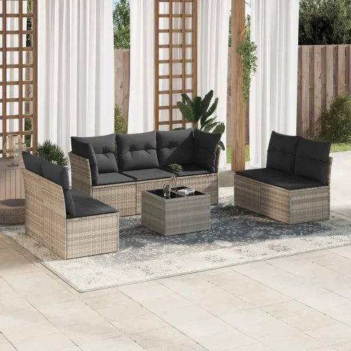 Conj. Sofás Jardim c/ Almofadões Vime PE Cinzento-Claro (8 pcs)