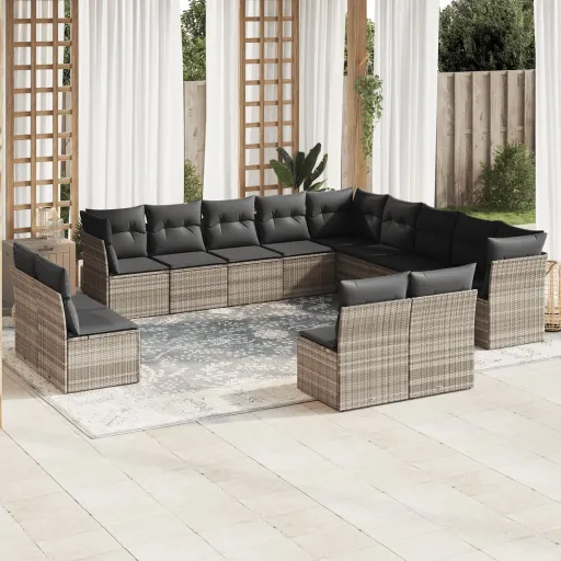 Conj. Sofás Jardim c/ Almofadões Vime PE Cinzento-Claro (13 pcs)