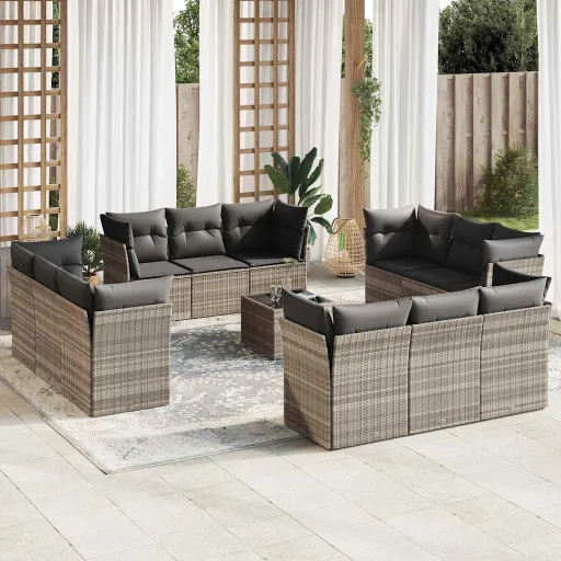 Conj. Sofás Jardim c/ Almofadões Vime PE Cinzento-Claro (13 pcs)
