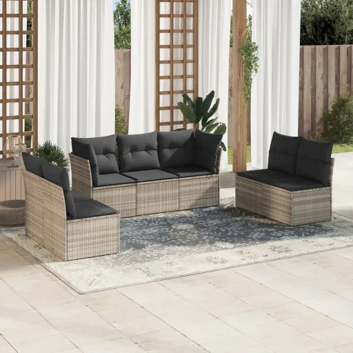 Conj. Sofás Jardim com Almofadões Vime PE Cinzento-Claro (7 pcs)