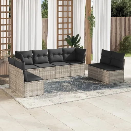 Conj. Sofás Jardim c/ Almofadões Vime PE Cinzento-Claro (8 pcs)
