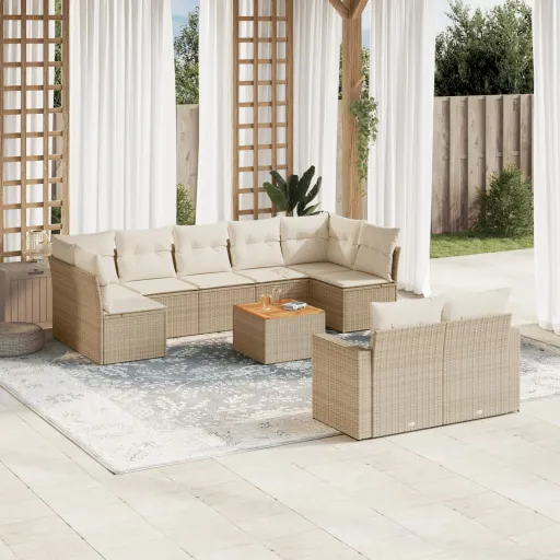 Conjunto de Sofás p/ Jardim com Almofadões Vime PE Bege (10 pcs)