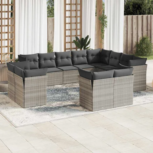 Conj. Sofás Jardim com Almofadões Vime PE Cinzento-Claro (12 pcs)