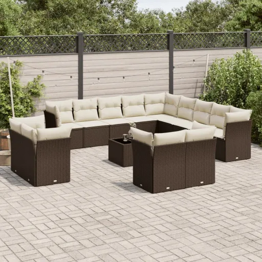 Conjunto Sofás p/ Jardim c/ Almofadões Vime PE Castanho (14 pcs)