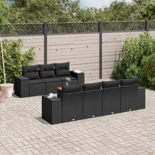 Conjunto Sofás de Jardim com Almofadões Vime PE Preto (8 pcs)