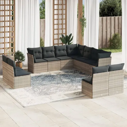 Conjunto Sofás de Jardim c/ Almofadões Vime PE Cinzento (11 pcs)