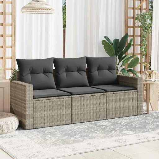 Conj. Sofás Jardim c/ Almofadões Vime PE Cinzento-Claro (3 pcs)