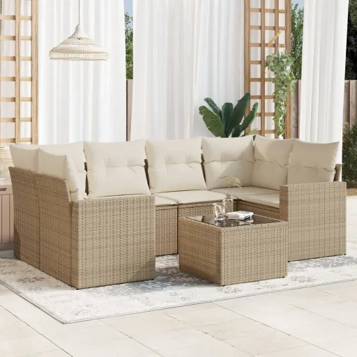 Conjunto de Sofás p/ Jardim com Almofadões Vime PE Bege (7 pcs)