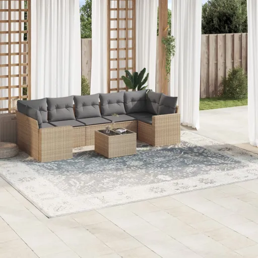 Conjunto de Sofás p/ Jardim com Almofadões Vime PE Bege (8 pcs)
