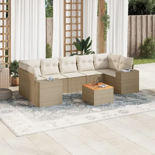 Conjunto de Sofás p/ Jardim com Almofadões Vime PE Bege (8 pcs)
