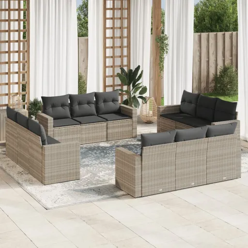Conj. Sofás Jardim com Almofadões Vime PE Cinzento-Claro (12 pcs)