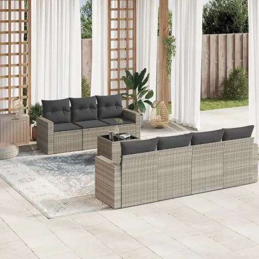 Conj. Sofás Jardim c/ Almofadões Vime PE Cinzento-Claro (8 pcs)