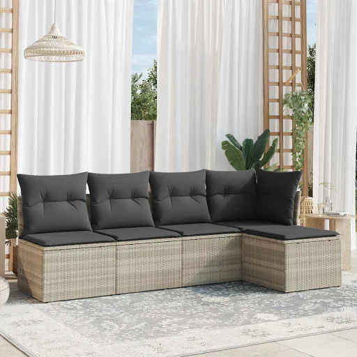 Conj. Sofás Jardim c/ Almofadões Vime PE Cinzento-Claro (5 pcs)
