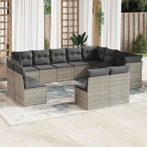 Conj. Sofás Jardim com Almofadões Vime PE Cinzento-Claro (12 pcs)