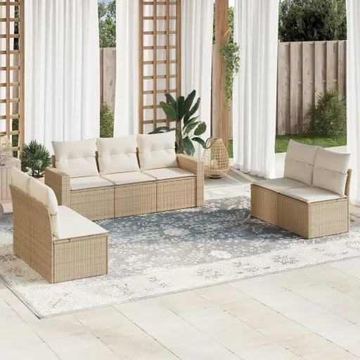 Conjunto de Sofás p/ Jardim com Almofadões Vime PE Bege (7 pcs)