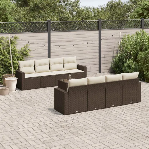 Conjunto Sofás p/ Jardim c/ Almofadões Vime PE Castanho (9 pcs)