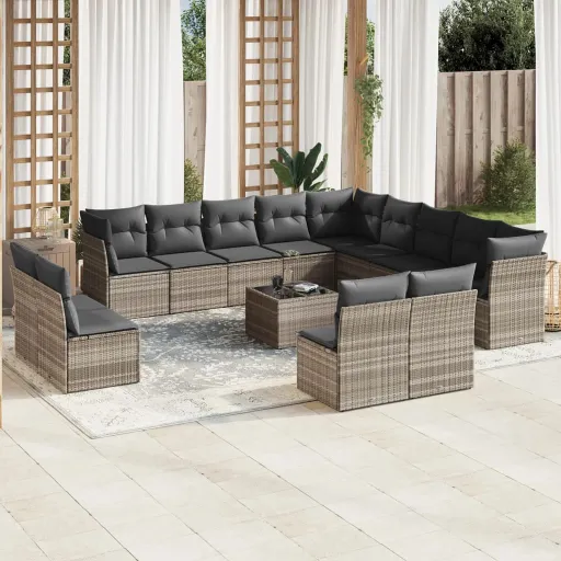 Conj. Sofás Jardim com Almofadões Vime PE Cinzento-Claro (14 pcs)
