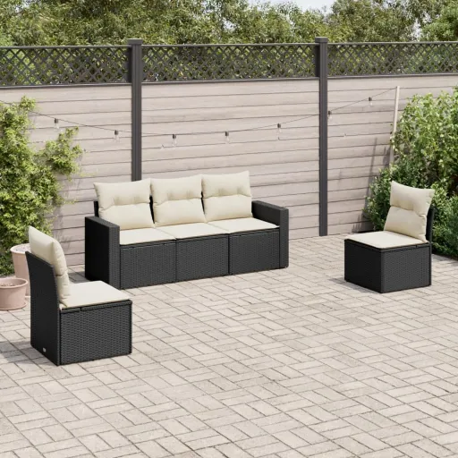 Conjunto Sofás de Jardim com Almofadões Vime PE Preto (5 pcs)