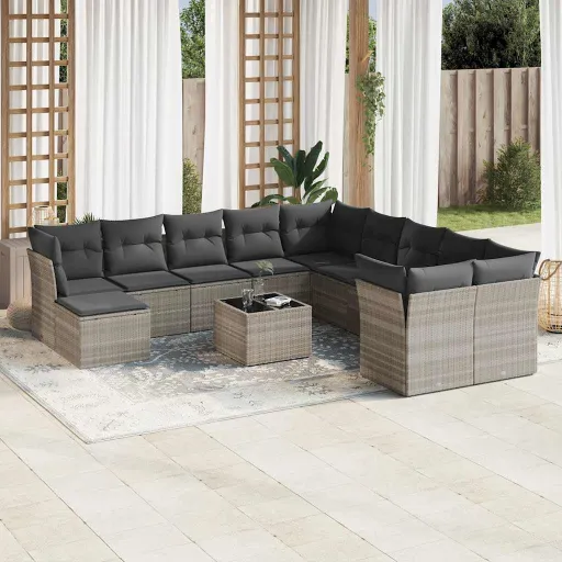 Conj. Sofás Jardim com Almofadões Vime PE Cinzento-Claro (12 pcs)