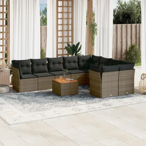 Conjunto Sofás de Jardim c/ Almofadões Vime PE Cinzento (10 pcs)