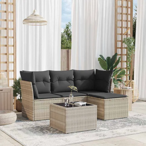Conj. Sofás Jardim c/ Almofadões Vime PE Cinzento-Claro (5 pcs)