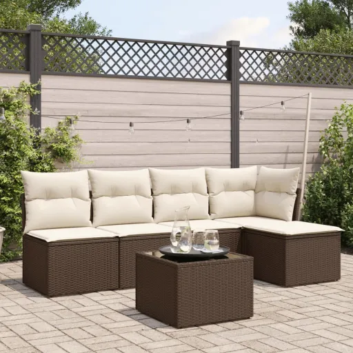 Conjunto de Sofás Jardim c/ Almofadões Vime PE Castanho (6 pcs)