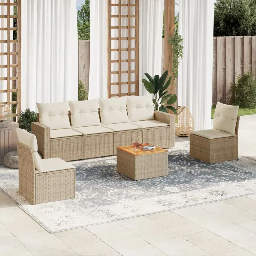 Conjunto de Sofás p/ Jardim com Almofadões Vime PE Bege (7 pcs)