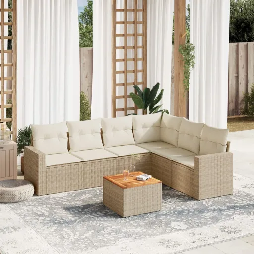 Conjunto de Sofás p/ Jardim com Almofadões Vime PE Bege (7 pcs)