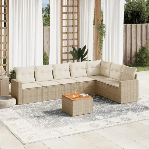 Conjunto de Sofás p/ Jardim com Almofadões Vime PE Bege (8 pcs)