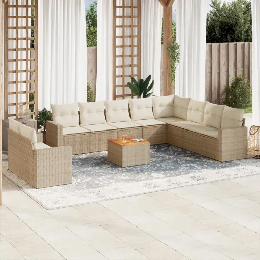 Conjunto Sofás de Jardim c/ Almofadões Vime PE Bege (11 pcs)