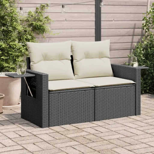 Sofá de Jardim com Almofadões 2 Lugares Vime PE Preto
