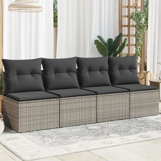 Sofá de Jardim 4 Lugares com Almofadões Vime PE Cinzento