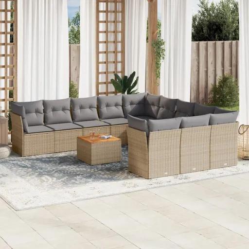 Conjunto de Sofás p/ Jardim com Almofadões Vime PE Bege (12 pcs)
