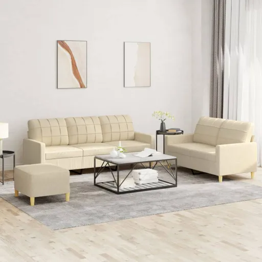 Conjunto de Sofás com Almofadões Tecido Cor Creme (3 pcs)