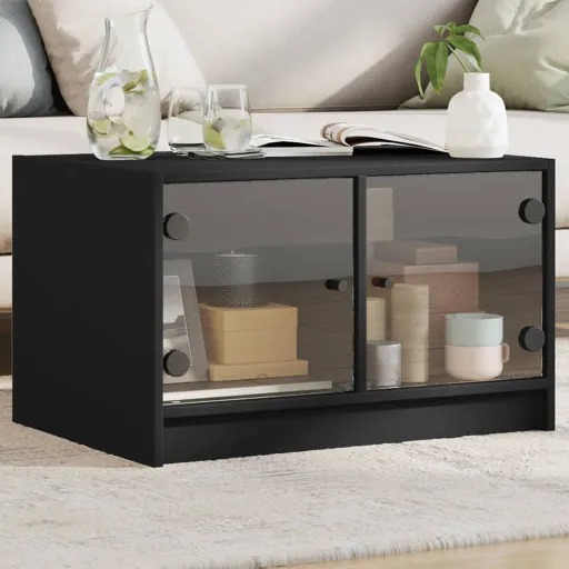 Mesa de Centro c/ Portas de Vidro 68x50x42 cm Preto