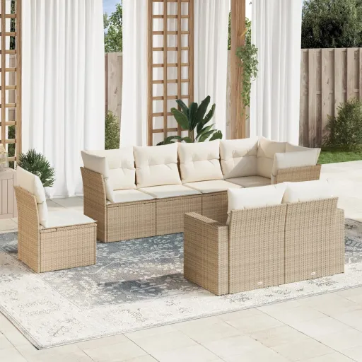Conjunto de Sofás p/ Jardim com Almofadões Vime PE Bege (8 pcs)