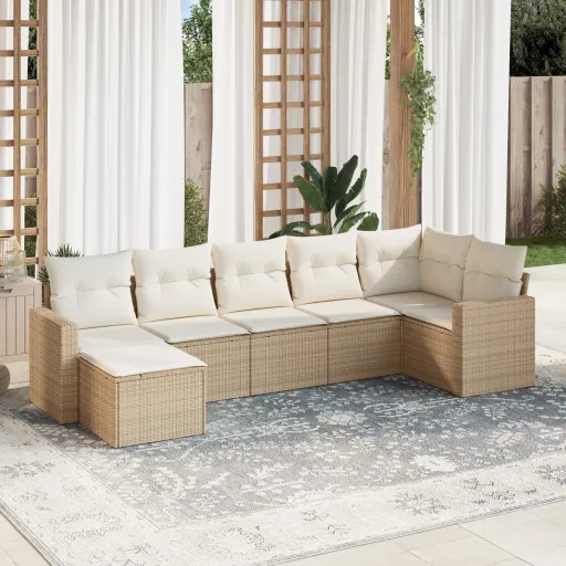 Conjunto de Sofás p/ Jardim com Almofadões Vime PE Bege (7 pcs)
