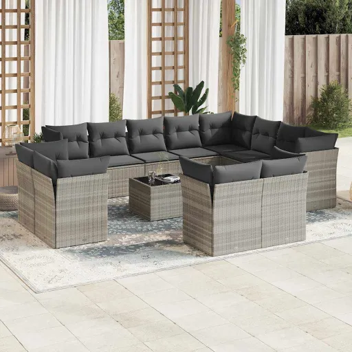 Conj. Sofás Jardim c/ Almofadões Vime PE Cinzento-Claro (13 pcs)
