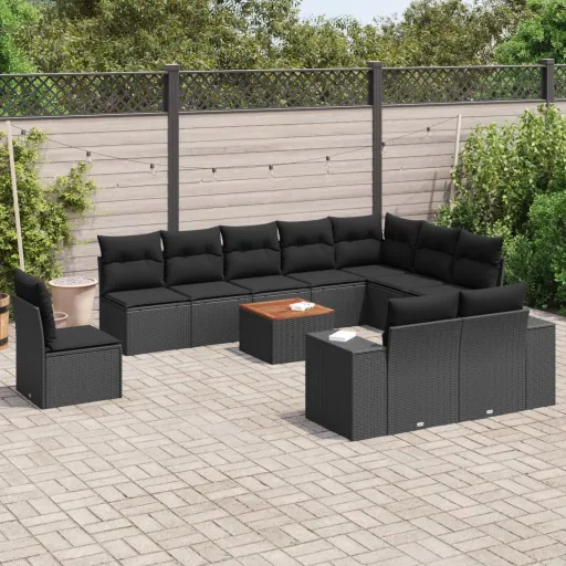 Conjunto Sofás de Jardim c/ Almofadões Vime PE Preto (11 pcs)
