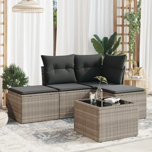 Conj. Sofás Jardim c/ Almofadões Vime PE Cinzento-Claro (5 pcs)