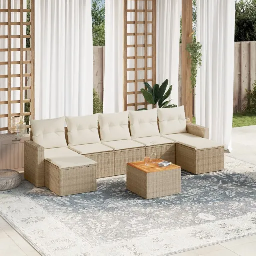 Conjunto de Sofás p/ Jardim com Almofadões Vime PE Bege (8 pcs)